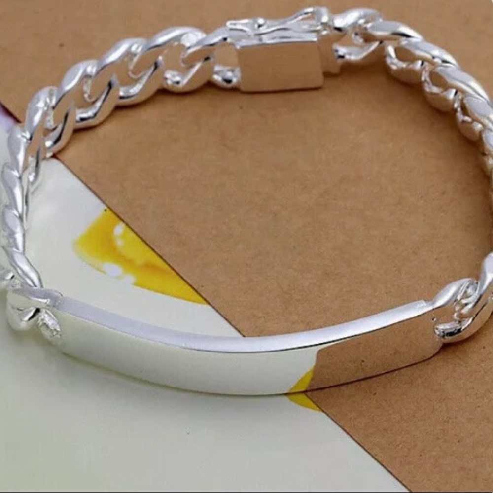 925 Sterling silver Cuban Curb link chain bracelet bar ID unisex